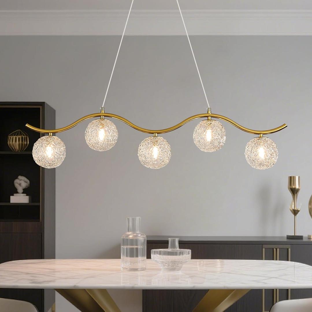 Modern Linear Globe Chandelier Gold 5-Lights Mid Century Linear Chandelier for Dining Room Clear Glass Globe Light Fixture for Kitchen Island Living Room