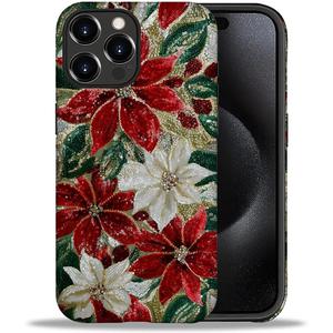 Case for iPhone 16 Pro Max, PC Hard Shell & Silicone Inner Bumper, Anti-Scratch Full-Body Cover Shockproof Slim Design -Christmas Florals Faux Mosaic