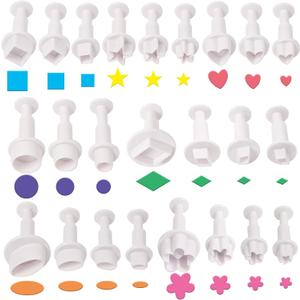 24 Pcs Cookie Cutters, Fondant Cake Cookie Plunger Cutter, Mini Plastic Biscuit Plunger Fondant Decorating Mold, Heart/Square/Oval/Circular/Star/Diamond/Flower