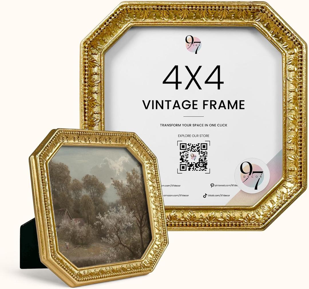 97 Decor 4x4 Vintage Picture Frame - Gold Antique Frame 4x4, Square Ornate Frames 4 X 4 With Glass Front For Tabletop Photo Display And Wall Hanging, Vintage Wall Decor