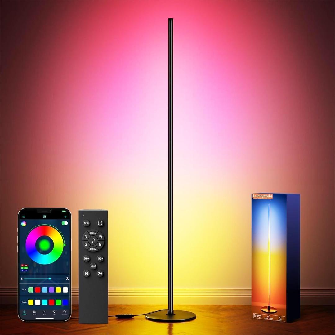 luckystyle Smart RGB+IC Corner Floor Lamp, Bright LED Tall Modern Floor Lamp with APP and Remote, Ambient Lighting Color Changing Standing Lamps with Music Mode and Timing for Living Room, Bedroom, Party