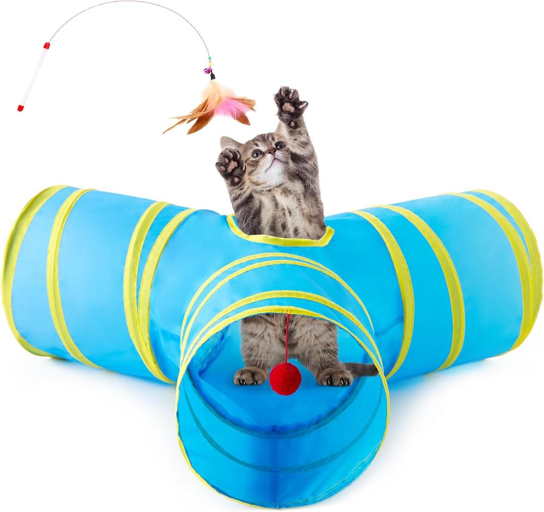 Love's cabin Cat Tunnel Tube Toys 3 Way Collapsible, Cat Tunnels for Indoor CatsKitten Tunnel Bored Pet Play Tunnel with Peek Hole Toy Ball for Kitty, Kitten, Rabbit, Puppy Blue&Yellow