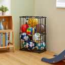 Garage Ball Storage Wall-Mounted & Floor Sports Equipment Organizer: Sports Ball Rack with Elastic Rope, Holder for Basketball, Soccer, Volleyball, Football, Garage, Gym, Black(Patent Pending)