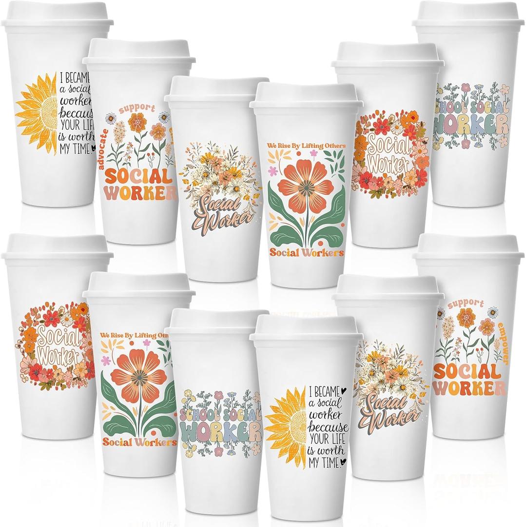 Pickmesh 12 Pcs Social Worker Appreciation Coffee Cup Gifts for Staff 16 oz Reusable Appreciation Tumblers with Lid Travel Coffee Mug Thank You Gifts for Hot and Cold Drinks