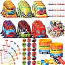 Sadnyy 140 Pcs Race Car Party Favors Racing Birthday Party Decorations Supplies Drawstring Bags with Silicone Bracelets Keychains Straws Button Pins Stickers for Goodie Bags Stuffers