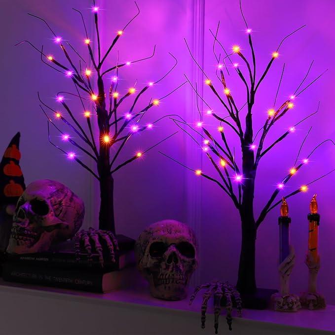 Halloween Indoor Decorations 2 Pack 24 Inch Black Halloween Tree with 24 Orange Purple Led Lights, Timer/USB/Battery Operated Lighted Spooky Tabletop Tree for Halloween Decor Home Table Holiday Party