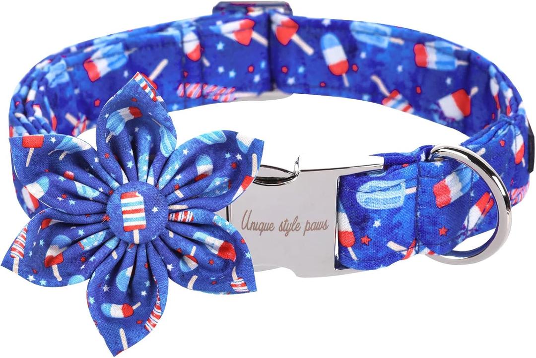 Unique style paws Independence Day Flag Dog Collar, Best for Small Medium Large Boys Girls Dogs (XL, ice flag flower)