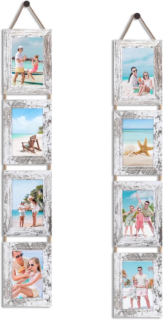 QUTREY 4x6 Hanging Picture Frames Collage Set of 2, 4 Openings 4 x 6 Photo Frames for Vertical 4 by 6 inch Pictures for Wall Decor, Distressed White