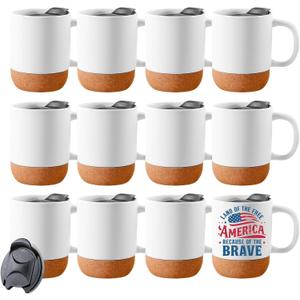 12 Pack 15 oz Sublimation Mugs with Cork Bottom and Splash Proof Lid White Tumbler Ceramic Coffee Cups for Latte Hot Cocoa Matte