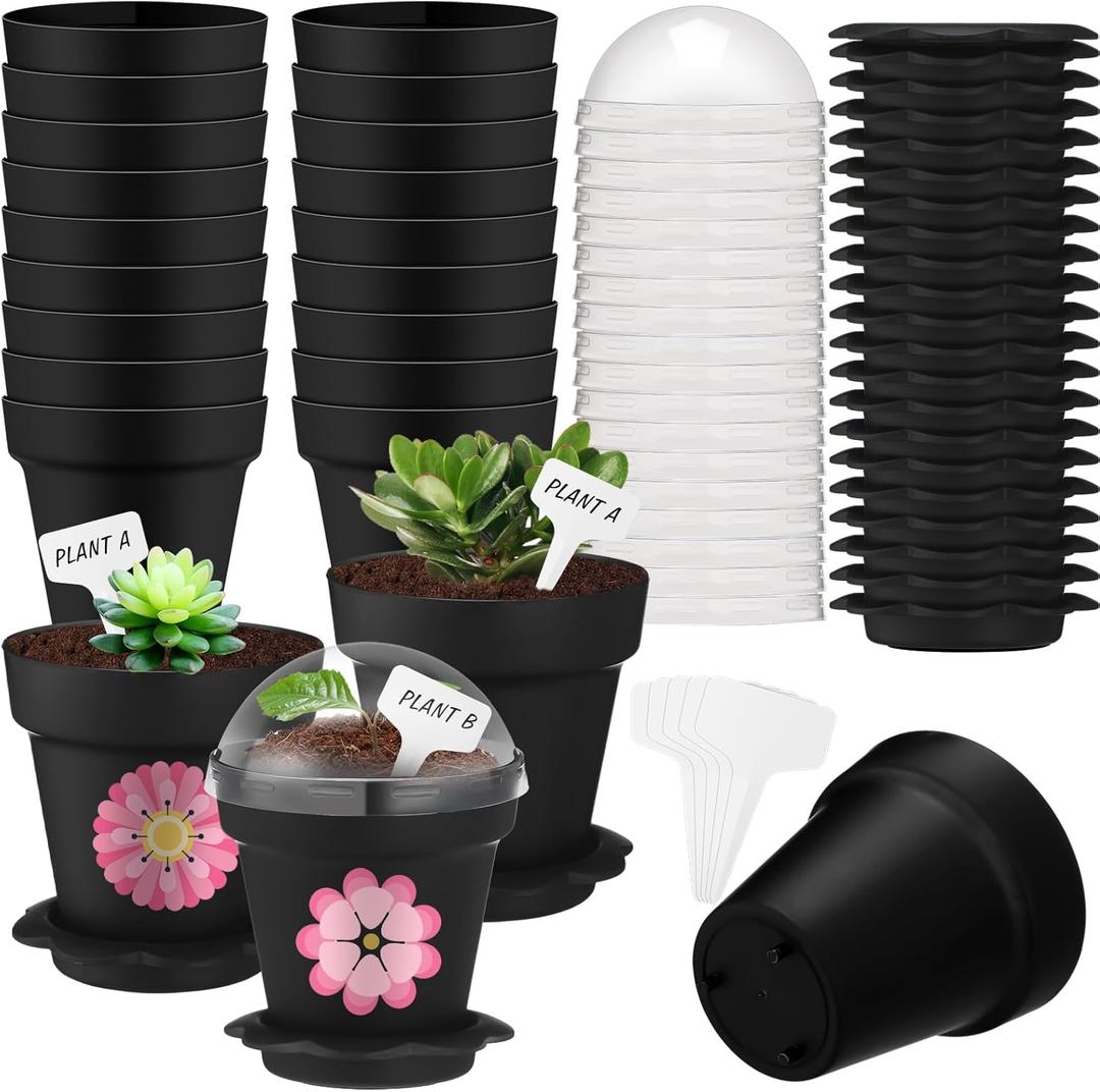 30 Pcs Plant Nursery Pots with Humidity Dome 2.95'' Small Plant Pots Plastic Gardening Container Planter Starter Seed Starting Trays for Seedlings Succulents with 30 Pcs Labels(Black)