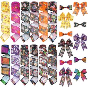 12 Rolls 60 Yards Day of The Dead Wired Edge Ribbons Black Purple Sugar Skull Flower Burlap Ribbon Dia De Los Meurtos Ribbon for Halloween Party DIY Craft Wreath Decor