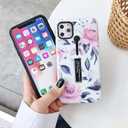 2 x Compatible with iPhone 11 Pro Case Finger Grip,3D Embossed Pink Flowers White Shell Design, Rugged Shockproof Slim Fit Dual Layer Finger Ring Loop Strap Case, Invisible Bracket Phone case(White)