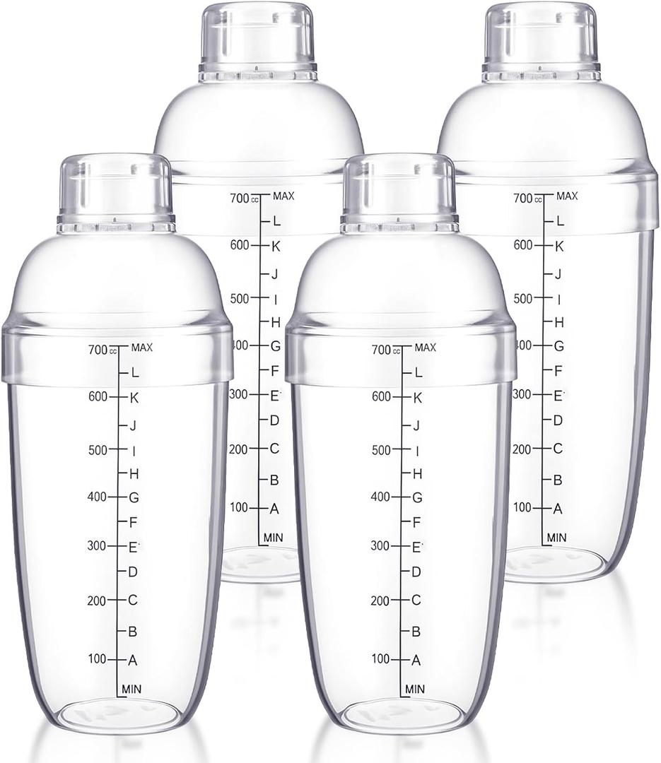 4pcs Plastic Cocktail Shaker 24oz/700ml Hand Drink Mixer with Measuring Scale and Strainer Clear Shaker Cup Tea Shakers Cup Plastic Bar Mixing Tool Transparent Bar Tool for Bartending Iced Coffee Milk