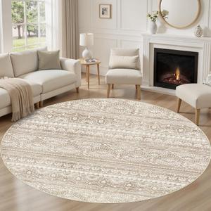 Tortania 8' Round Area Rug Living Room Rugs - Washable Large Soft Neutral Boho Moroccan Bohemian Farmhouse Rug Indoor Floor Carpet for Bedroom Under Dining Table Home Office Decor - Light Brown