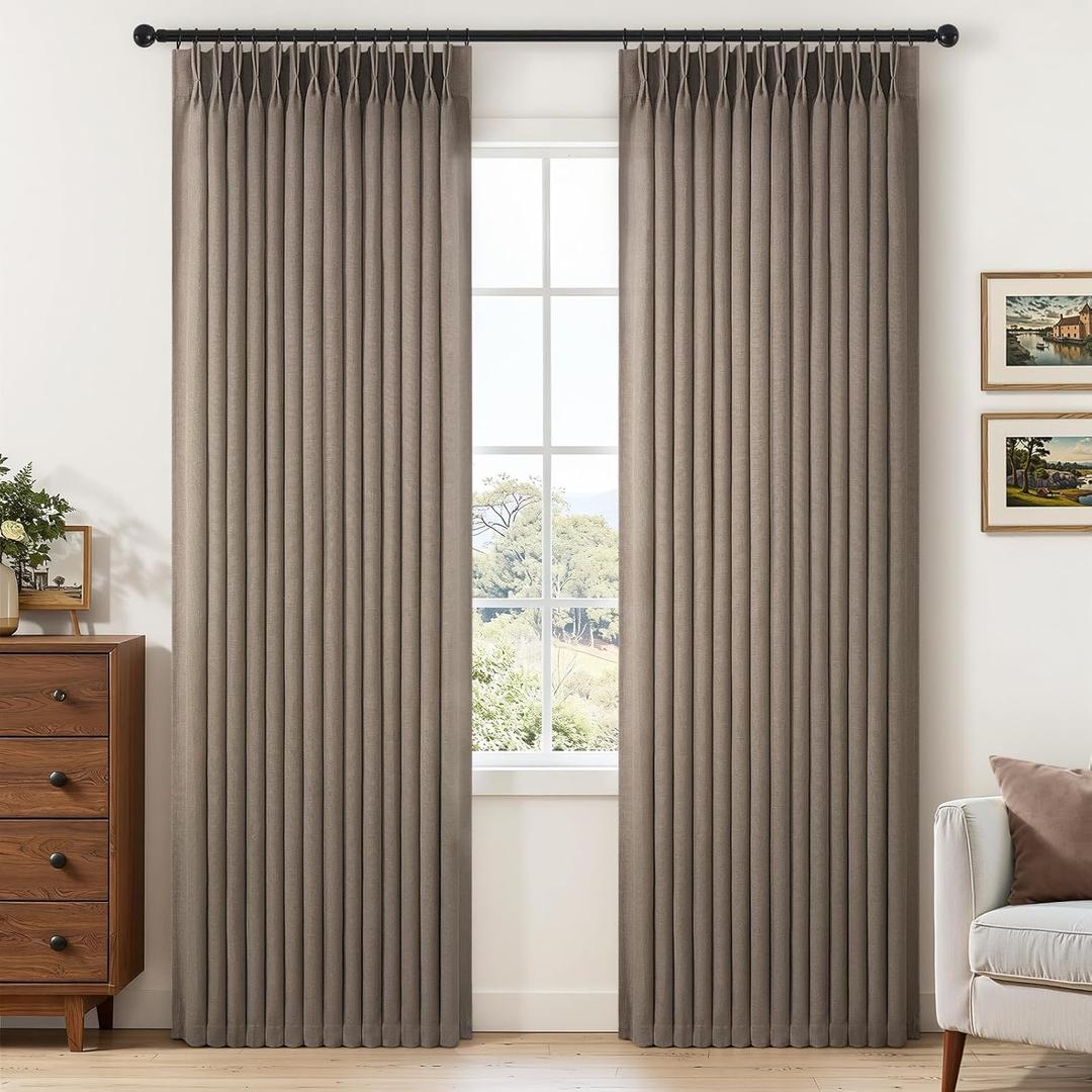Linen Pinch Pleated Curtains 92 Inches Long for Living Room 2 Panel Set Cottage Core Flax Double Pleated Drapes Back Tab Floor to Ceiling Semi Sheer Curtains for Dining Bedroom Chocolate Brown