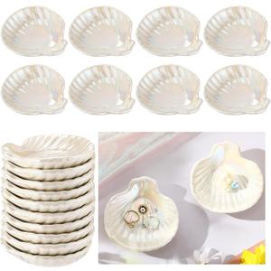 Teenyyou 8 Pcs Shell Ring Dish Ceramic Jewelry Trinket Dish Tray Seashell Ring Key Holder Bowl Beach Room Coastal Plate Decor for Home Bathroom Counter(White)