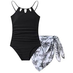  Girls Swimsiut Size 9-10 Y Black Teen One-Piece Bathing Suit with Tropical Print Mesh Cover Ups Cut Out Adjustable Straps Summer Swimwear 