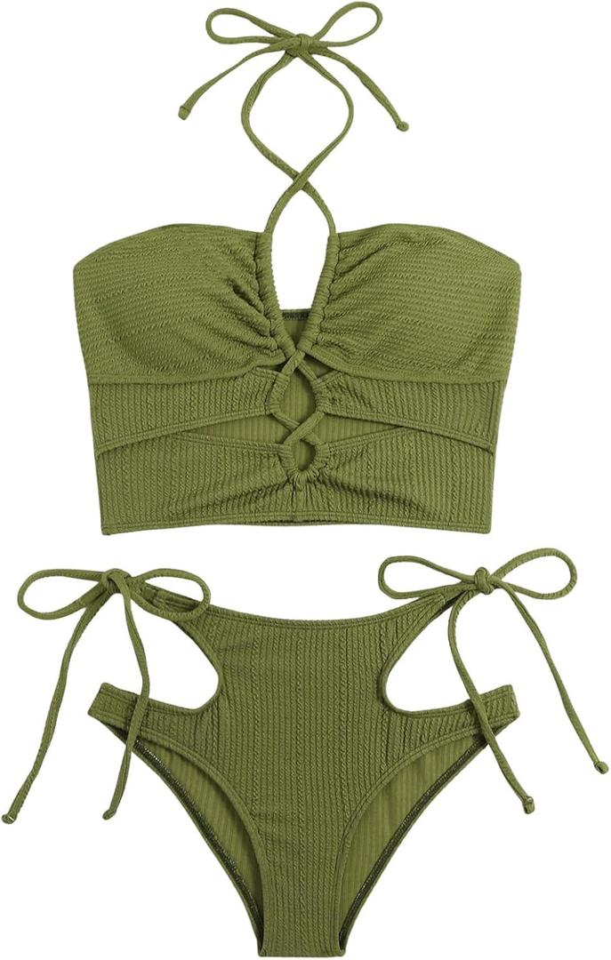 SweatyRocks Women's Lace Up Cut Out Halter Bikini Set High Waisted Two Piece Bathing Suit Swimwear (Large, Olive Green)