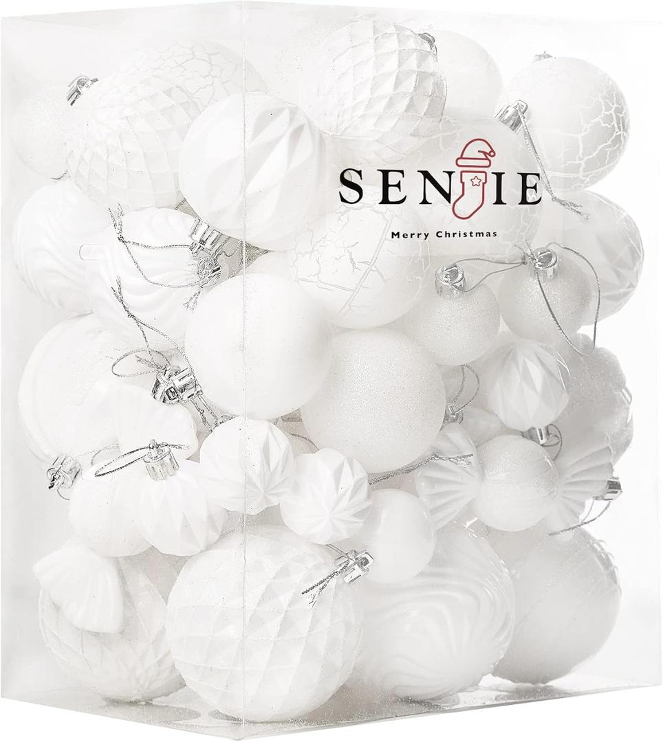 Christmas Ball Ornaments Set Assorted Shatterproof Ornaments 63 PCS Shaped Styles Xmas Tree Holiday Decorative,White