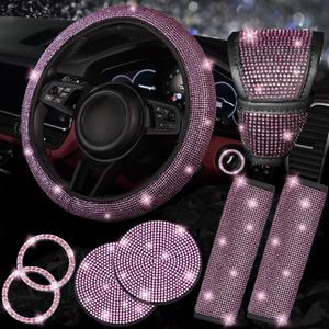 NBTEPEM 8 pcs Pink Bling Car Accessories Set for Women, Steering Wheel Cover, Sparkly Seat Belt Covers, Bling Gear Shift Cover, Universal Fit Most Cars (All Pink Diamond)