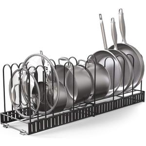 Vdomus Expandable Rack for Cabinets Adjustable Black Pot Rack with 4 DIY Storage Positions - Holds up to 14 Pans, Pots, or Lids - Durable Iron Pot Stacker for Kitchen Organization - 8.5"x 31"x11.5"