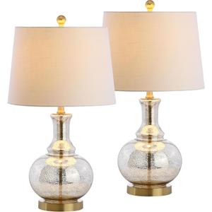 JONATHAN Y 25" Mercury Silver and Brass Gold Glass Table Lamp Set of 2 for Bedroom, Modern Bedside Lamp for Living Room Nightstand, White Linen Drum Shade, LED Bulb Included JYL1068A-SET2