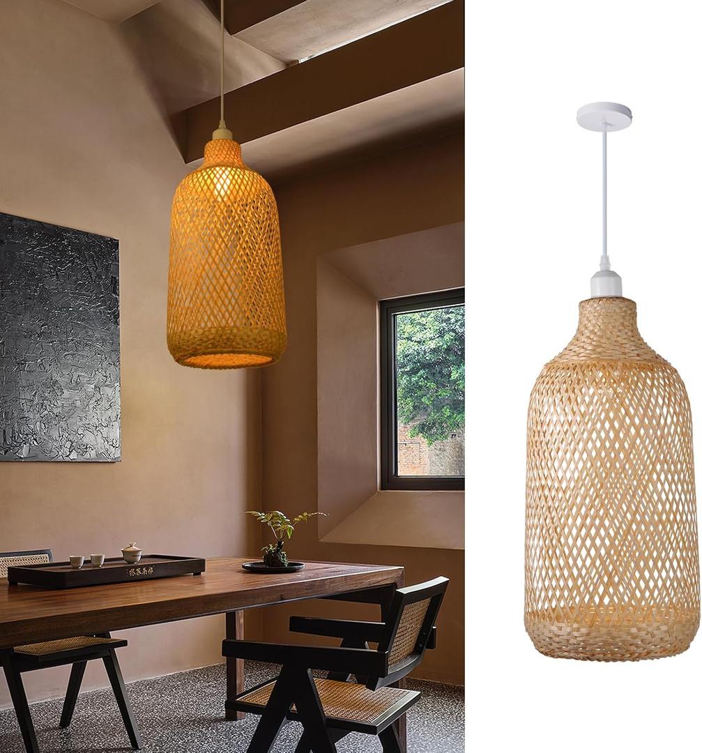 Arturesthome Bamboo Pendant Light Fixture, Farmhouse Natural Boho Chandelier Ceiling Lighting, Retro Wicker Hanging Lamp, Coastal Handmade Crafts Lampshade
