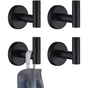 JQK Black Bathroom Towel Hook, Coat Robe Clothes Hook for Bathroom Kitchen Garage Wall Mounted (4 Pack), 304 Stainless Steel Matte Black, TH100-PB-P4