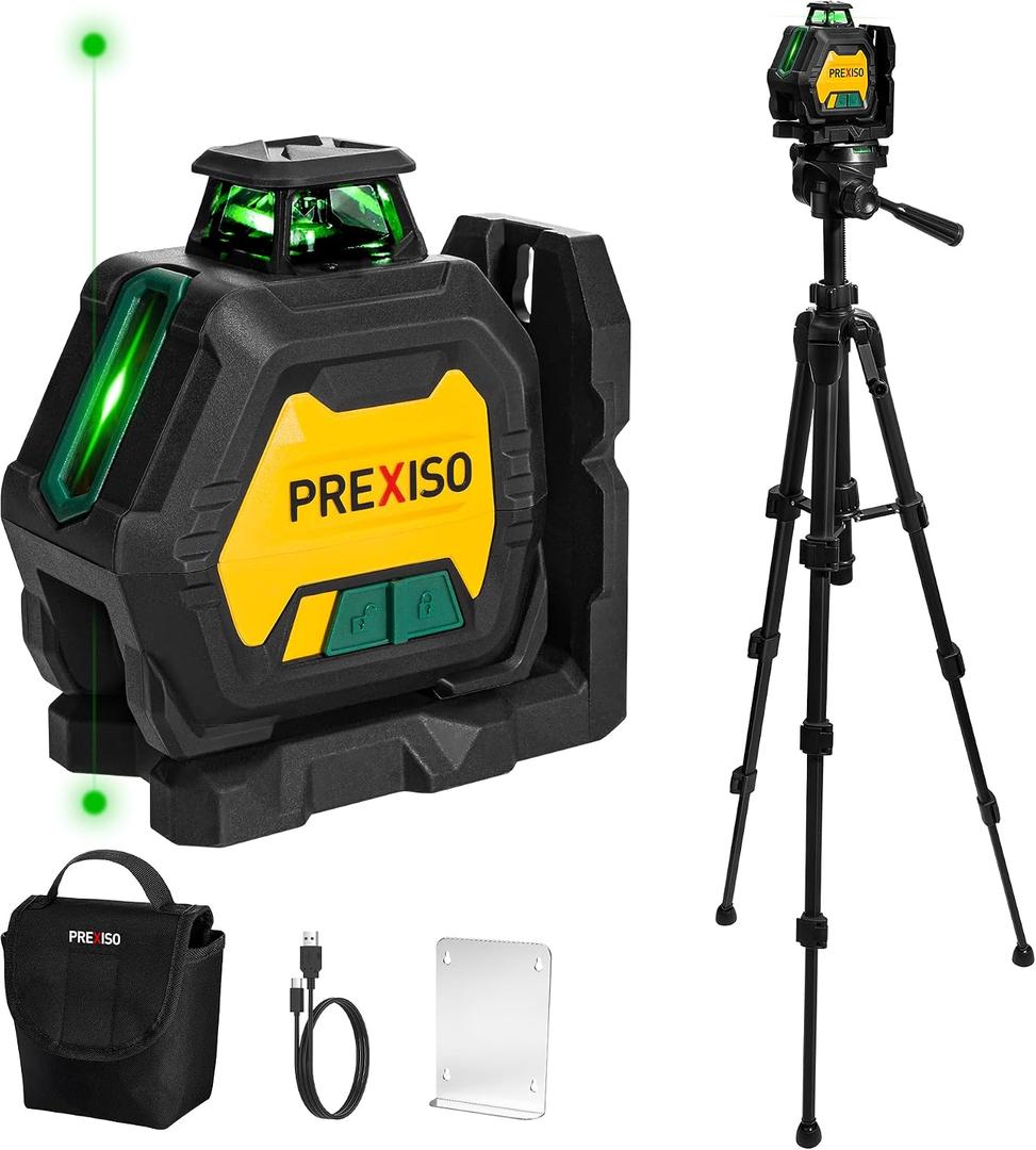 PREXISO 360 Laser Level with Tripod & 2 Plumb Dots - IP54 Rechargeable Point Cross Laser Level Self-Leveling- Lazer Leveler Tool 3 Brightness Settings, Plumb Spot Lazer Level for Construction, Ceiling