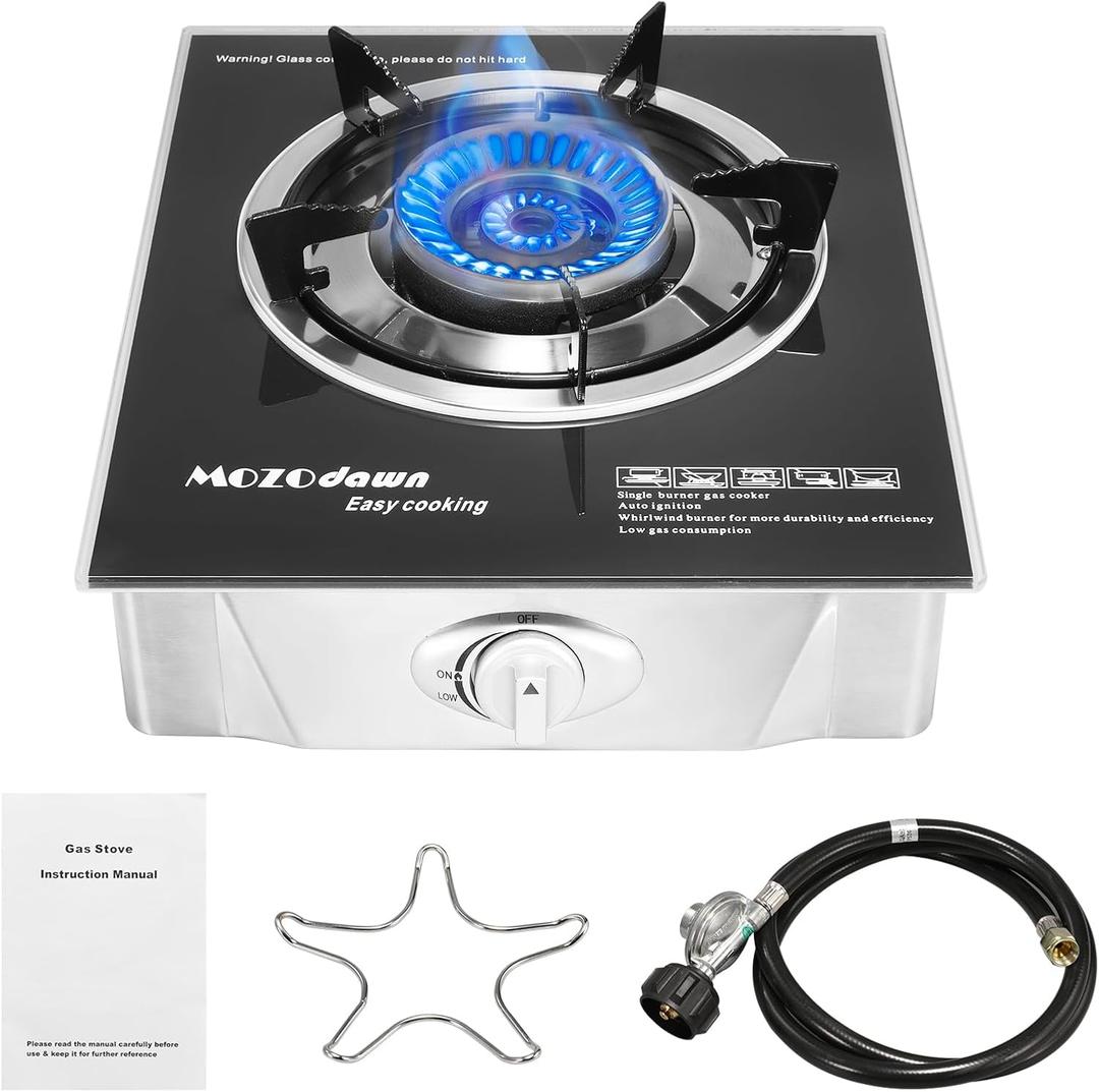 Single Burner Propane Stove 15000 BTU, Portable Gas Propane Stove 1 Burner, Camping Stove Propane with LPG Adapter Hose for Indoor and Outdoor Kitchen Cooking