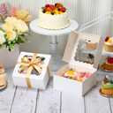 COTOPHER Auto Pop Up Cookie Boxes with Window 6x6x3 Inches 50 Pack | White Bakery Boxes with Gold Ribbon for Birthday Party Favors, Wedding, Christmas Gift Packaging for Cookies, Candy, Macarons