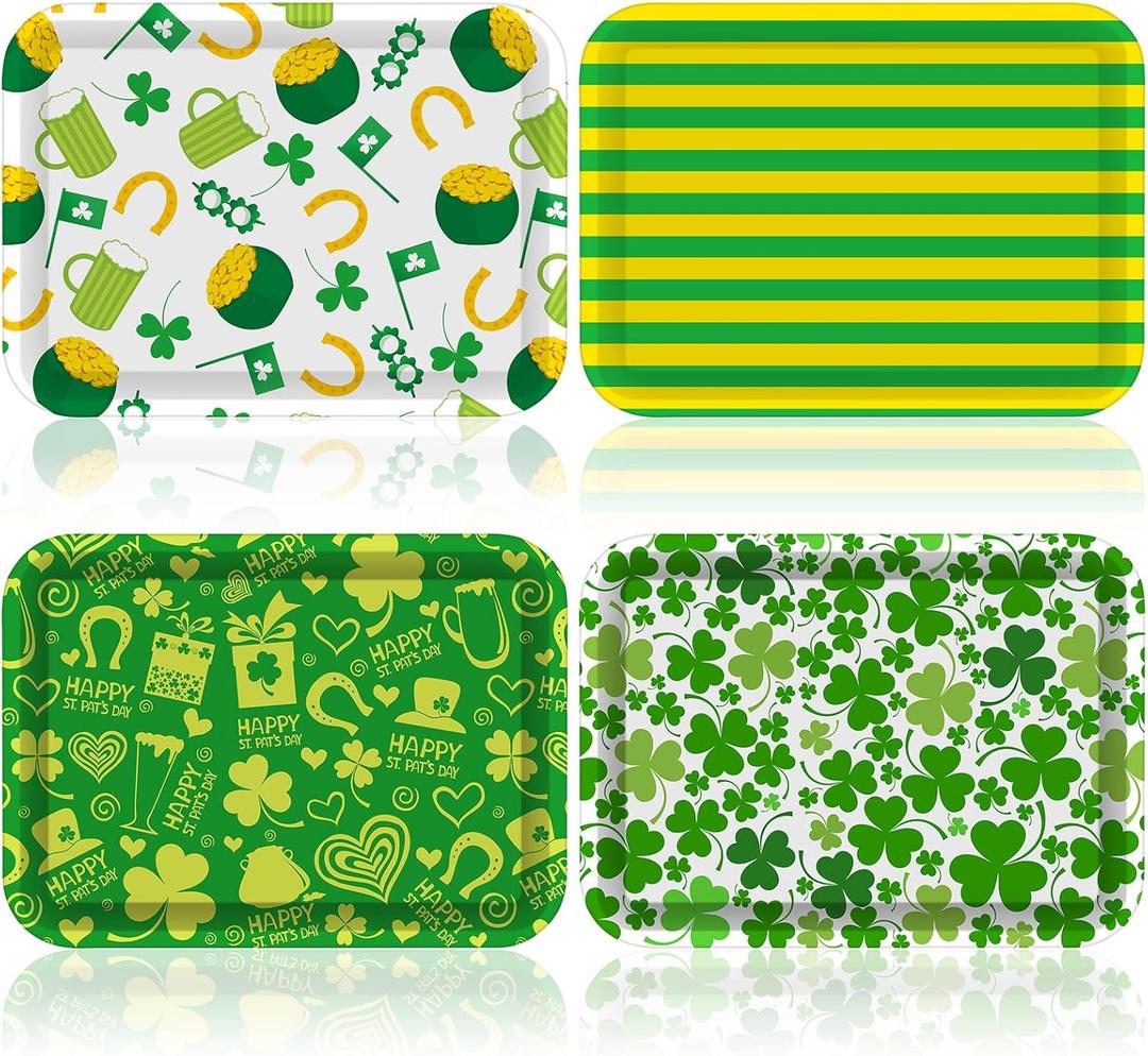 4 Pcs St. Patrick's Day Serving Tray 13 x 10 Inch Reusable Serving Platter Plates Dessert Platter Dishes St. Patrick's Day Party Decorations for Food Snacks Cookies Supplies