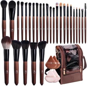 BS-MALL Professional Makeup Brush Set 28 Pcs With Travel Makeup Bag,Concealer Brush, Foundation Brush, Blush Brush, 4 Pcs Triangle Puff & Makeup Sponges for Flawless Beauty on the Go