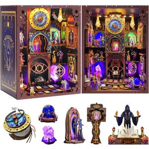 Book Nook Kit - Fantasy Tarot 3D Wooden Puzzle for Adults, Teens & Beginners, DIY Miniature Bookshelf Insert with LED Light, Mysterious Craft Gift for Model Builders