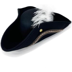 Black Pirate Hat with White Feather Colonial Tricorn Hats for Halloween Cosplay Vintage Captain Hats for Adults (One Size)