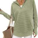 BTFBM Sweaters for Women Fall Clothes 2026 Pocket Quarter Zip Pullover V Neck Long Sleeve Knit Trendy Winter Sweater (X-Large, Light Green)
