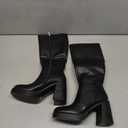 SOVANYOU Black Leather Boots Platform Boots for Women Fashion Square Toe Chunky Block Heeled Boots Side Zip, 6.5, Black