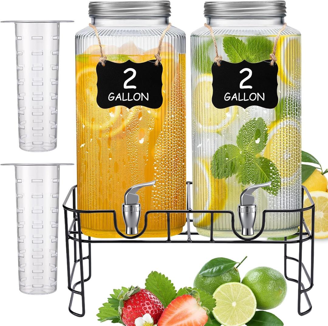 2 Pack 2 Gallon Glass Drink Dispenser Glass Beverage Dispenser with Stand Spigot and Filter Leakproof Water Jar Clear Iced Drink Jug for Parties Juice Lemonade Picnics Fridge
