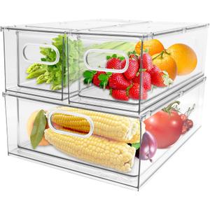 3 Pack Refrigerator Organizer Bins with Pull-out Drawer Stackable Clear Fridge Drawer Organizer Fruit Vegetable Storage Containers for Kitchen Pantry Organization (1 Large+2 Small)