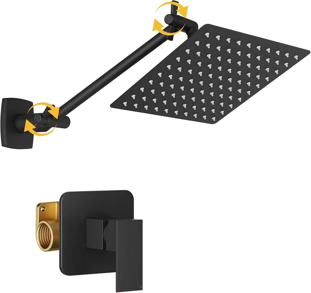 BESy All Metal Shower Faucet Set Bathroom Rain Shower System Shower Head and Handle Set Adjustable Extension Arm Rough-in Valve Showerhead Shower Fixture 8 Inch Square Wall Mounted SUS304 Matte Black
