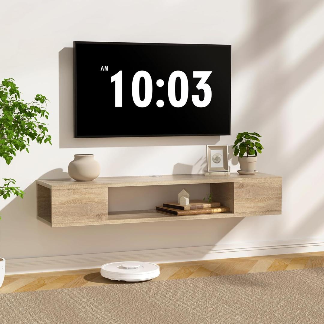 GHC Floating TV Stand, Wall Mounted Entertainment Center and Cabinet Shelf, TV Console with Storage, Media Console for DVD Player, Space-Saving Under TV Shelf for Living Room (Natural Oak)