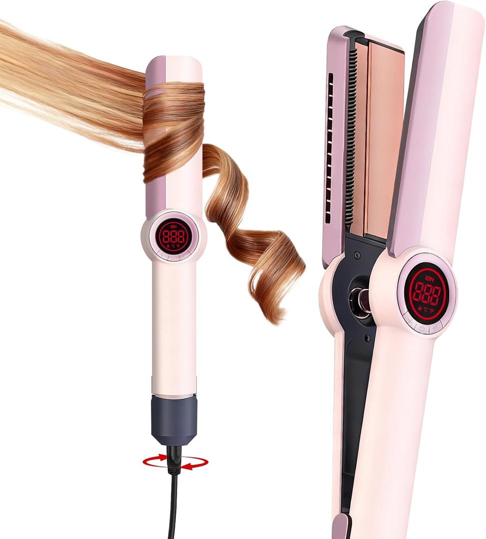 Flat Iron Hair Straightener and Curler 2 in 1-Curling Iron for Lasting Curls,360Anti-Scald Ionic Curling Wand,Rapid 30-Second Heat-Up,Auto Shutdown & LED Display for All Hair Types (Pink)