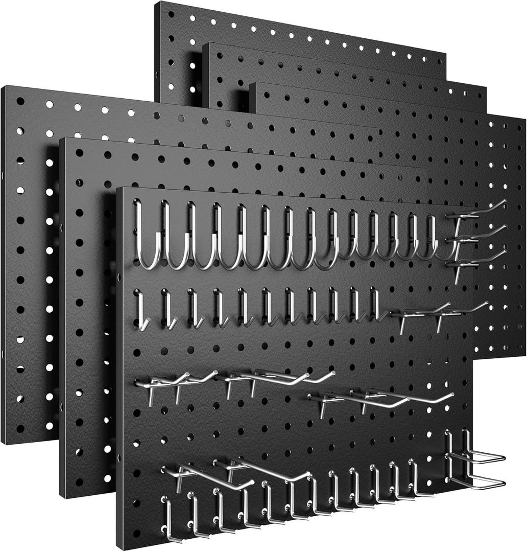 Peg Board, 6 Pack Metal Pegboard Panels Black Pegboards Wall Organizer with 50 Hooks, Heavy Duty Peg Board for Walls Home, Garage Tool Storage, Office Organization, Craft Room, Kitchen