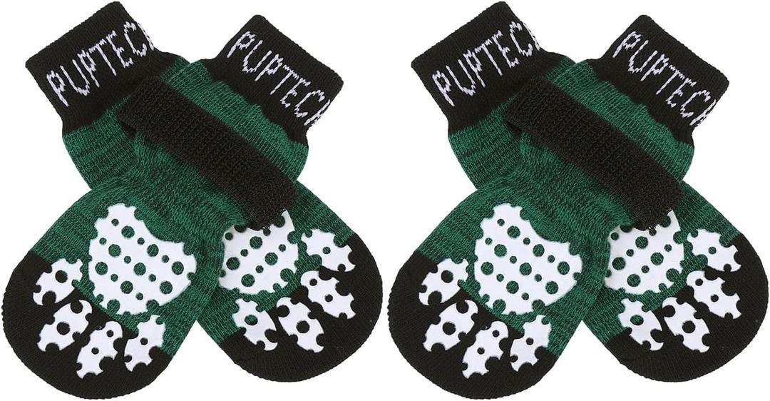 PUPTECK Anti-Slip Dog Socks with Double Sides Grips for Small Medium Large Dogs Hardwood Floors Prevents Licking, Dog Shoes for Hot Pavement Traction Control for Senior Dogs, Dark Green (Small (4 Count))