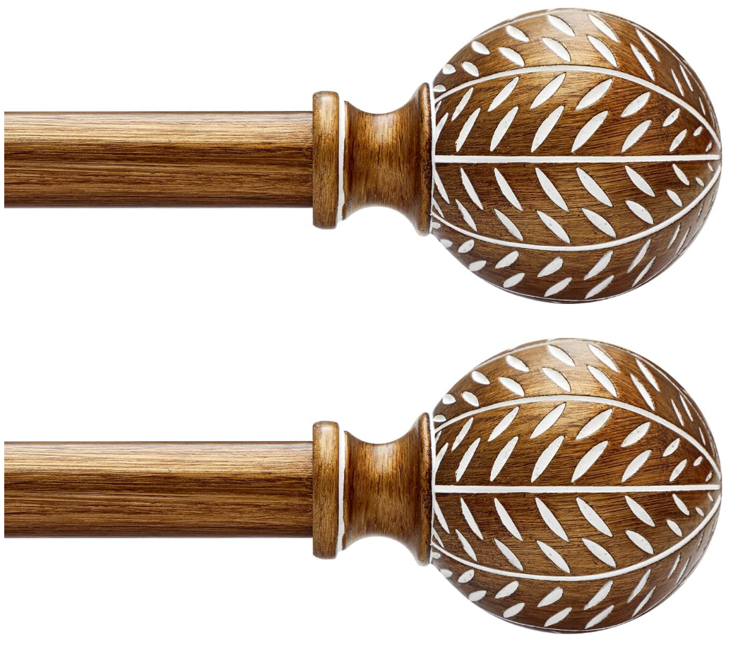 QDWIS 2 Pack Gold Curtain Rods for Windows 48 to 84 inch,1" Adjustable Heavy Duty Window Curtain Rod with Leaf Finials,Rustic Decorative Drapery Rods Set,Size:3688''