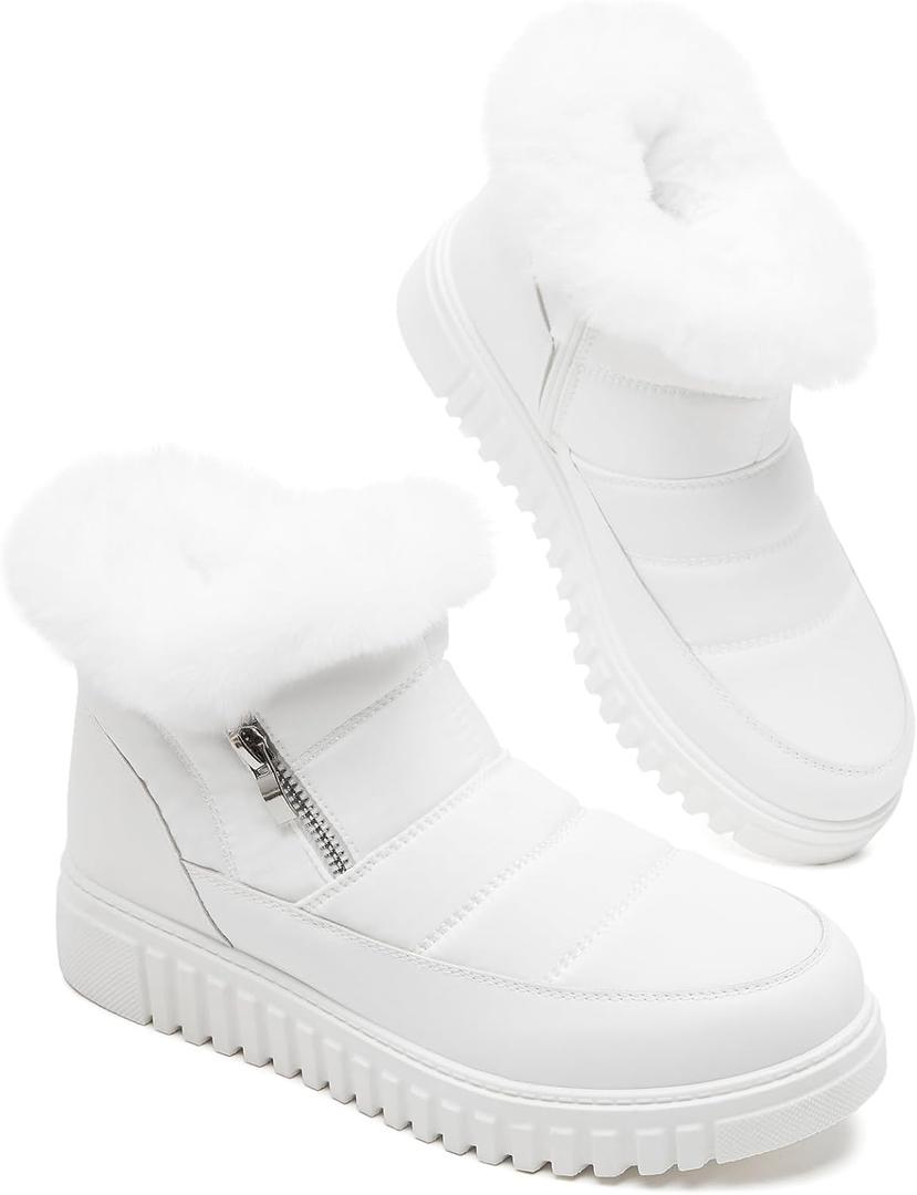 kufeiti Women's Waterproof Fall Winter Snow Boots Platform Fur Lined Ankle Boots for Women with Side Zipper Non Slip Outdoor Work Boots(White, US10)