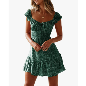 YOBECHO Womens Summer Ruffle Sleeve Sweetheart Neckline Printing Dress Mini Dresses Size S