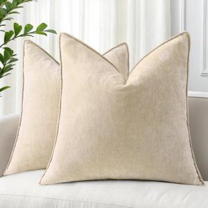 decorUhome Summer Couch Throw Pillow Covers 20x20 Set of 2, Decorative Soft Velvet Modern Cozy Chenille Pillow Cases with Elegant Design for Sofa Bed Living Room Home Decor, Beige