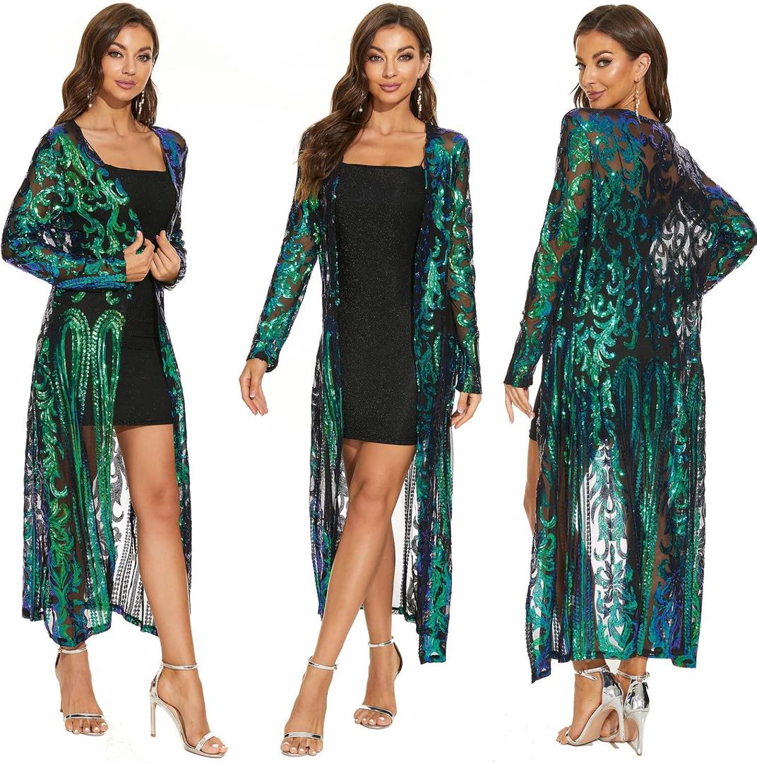 Women's Sequin Cardigan Summer Cover Up Dress Glitter Sparkle Open Front Coat Dresses Duster for Evening Prom (5X-Large, Green)