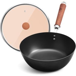WANGYUANJI 10.24-Inch Carbon Steel Wok with Lid, Flat Bottom Small Wok Pan for 13 Servings, Uncoated Stir Fry Pan, Glass Lid, Induction/Gas/Electric Compatible, Wood Handle, Black